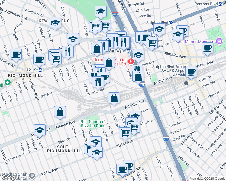 map of restaurants, bars, coffee shops, grocery stores, and more near 130-17 92nd Avenue in Queens