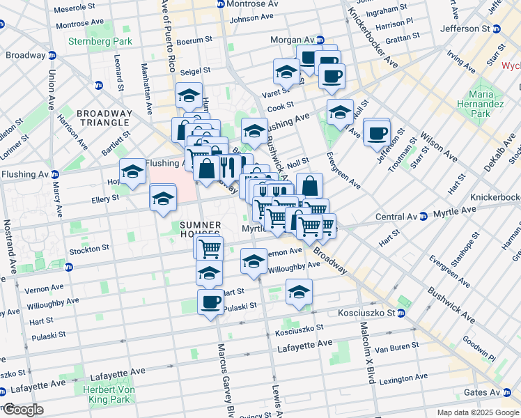 map of restaurants, bars, coffee shops, grocery stores, and more near 885 Broadway in Brooklyn