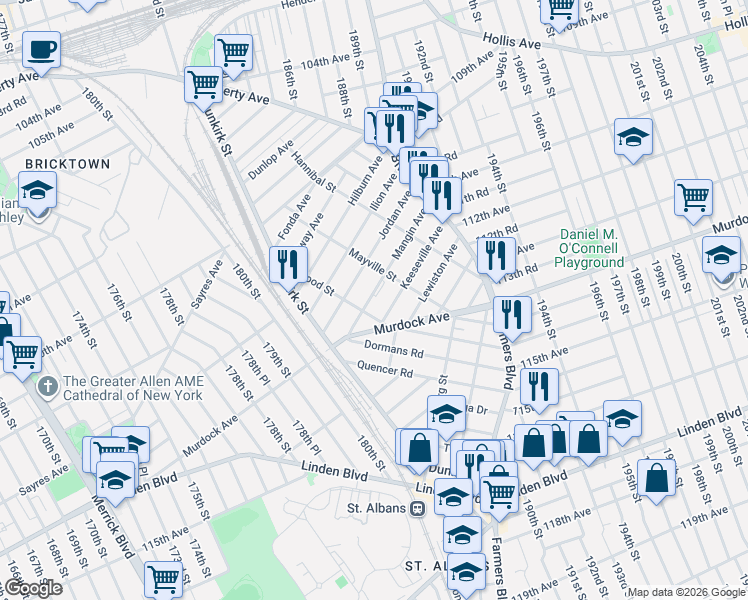 map of restaurants, bars, coffee shops, grocery stores, and more near 187-15 Keeseville Avenue in Queens
