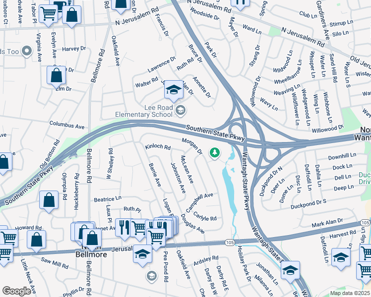 map of restaurants, bars, coffee shops, grocery stores, and more near 1000 McLean Avenue in Wantagh