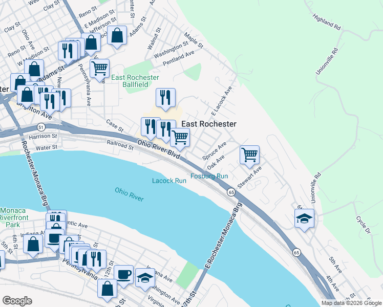map of restaurants, bars, coffee shops, grocery stores, and more near 723 Spruce Street in Rochester