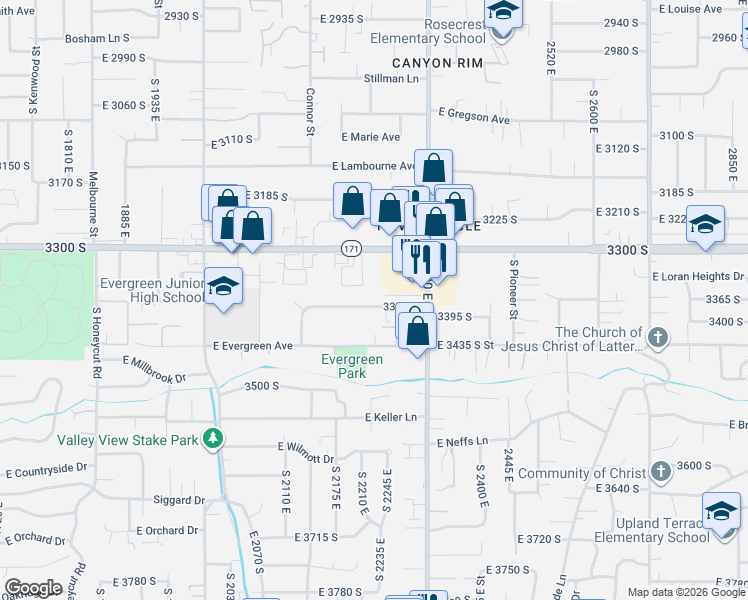 map of restaurants, bars, coffee shops, grocery stores, and more near 2237 3380 South in Salt Lake City