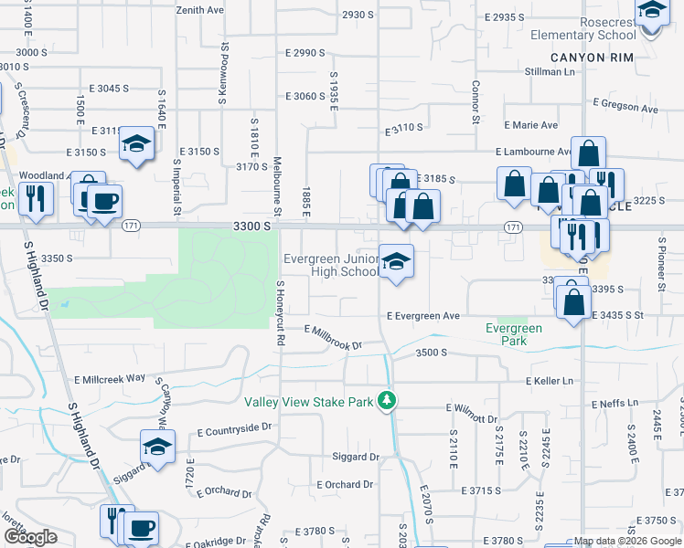 map of restaurants, bars, coffee shops, grocery stores, and more near 1964 East 3375 South in Salt Lake City