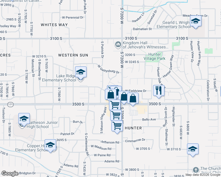 map of restaurants, bars, coffee shops, grocery stores, and more near 7282 West Gardenia Avenue in Magna