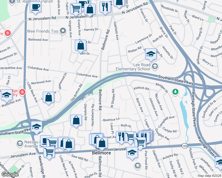 map of restaurants, bars, coffee shops, grocery stores, and more near 935 West Shelley Road in North Bellmore