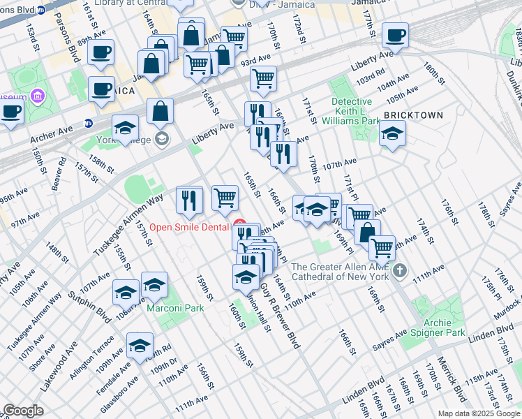 map of restaurants, bars, coffee shops, grocery stores, and more near 108-01 164th Place in Queens