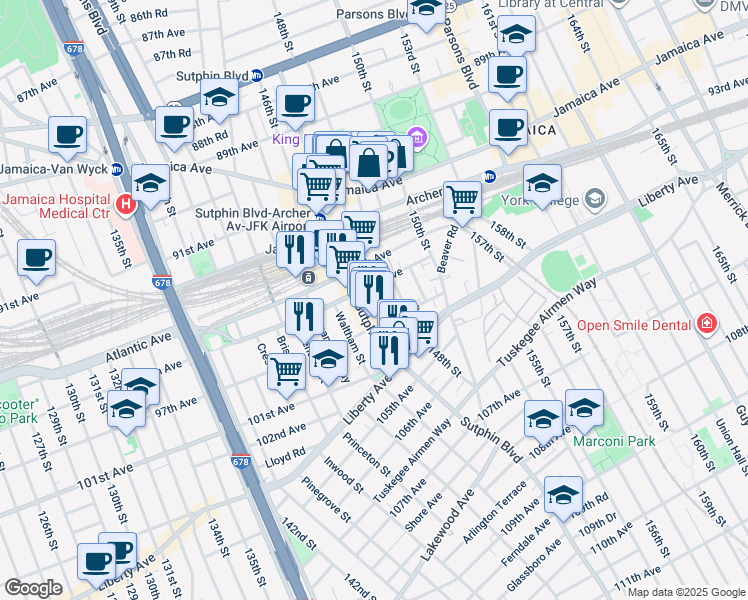 map of restaurants, bars, coffee shops, grocery stores, and more near 95-17 Sutphin Boulevard in Queens