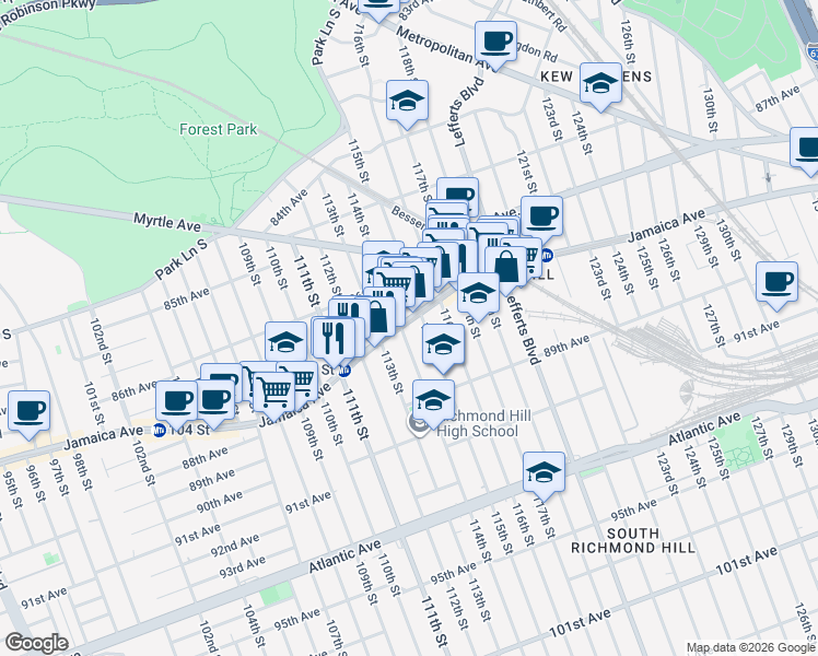 map of restaurants, bars, coffee shops, grocery stores, and more near in Queens