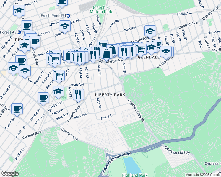 map of restaurants, bars, coffee shops, grocery stores, and more near in Queens