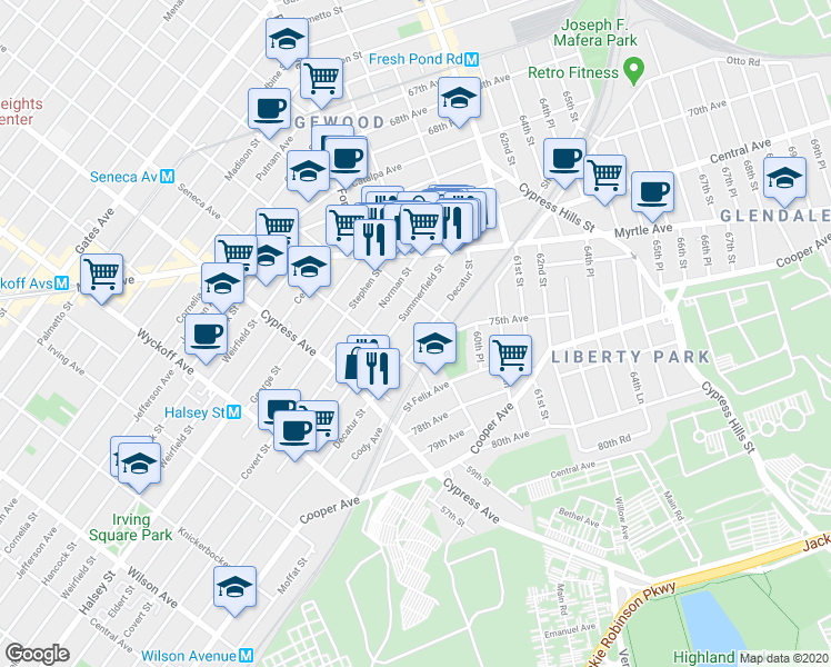 map of restaurants, bars, coffee shops, grocery stores, and more near 18-32 Decatur Street in Queens
