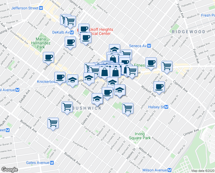 map of restaurants, bars, coffee shops, grocery stores, and more near in Brooklyn