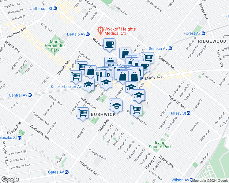 map of restaurants, bars, coffee shops, grocery stores, and more near 288 Grove Street in Brooklyn