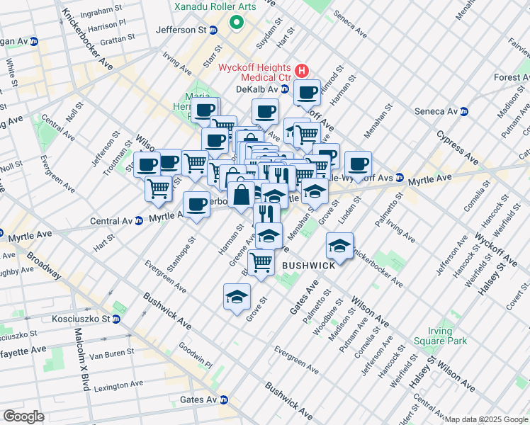 map of restaurants, bars, coffee shops, grocery stores, and more near 1285 Greene Avenue in Brooklyn