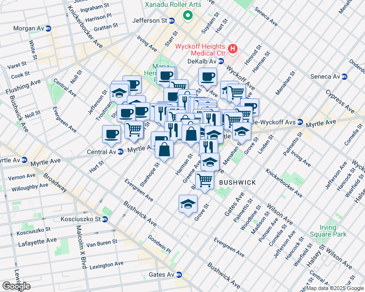 map of restaurants, bars, coffee shops, grocery stores, and more near 226 Wilson Avenue in Brooklyn