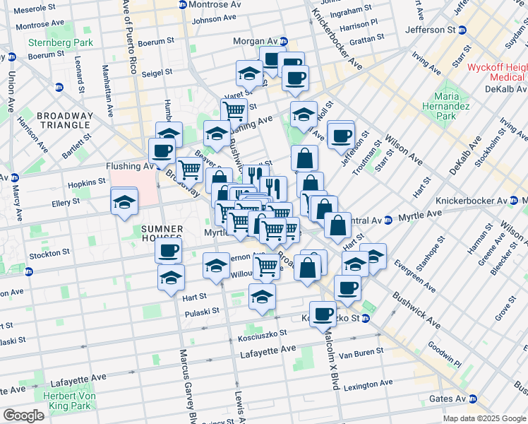 map of restaurants, bars, coffee shops, grocery stores, and more near 34 Melrose Street in Brooklyn