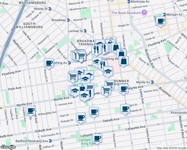 map of restaurants, bars, coffee shops, grocery stores, and more near 760 Park Avenue in Brooklyn