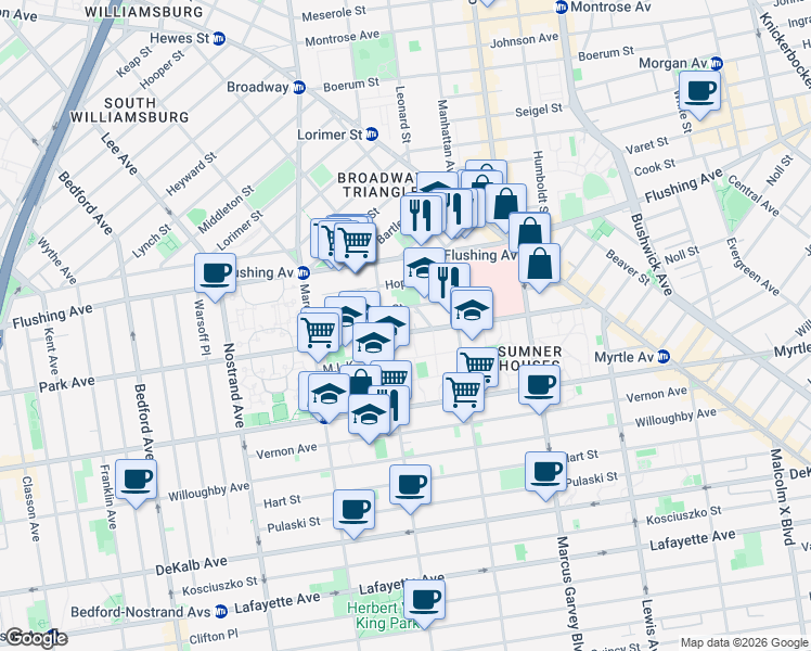 map of restaurants, bars, coffee shops, grocery stores, and more near 760 Park Avenue in Brooklyn
