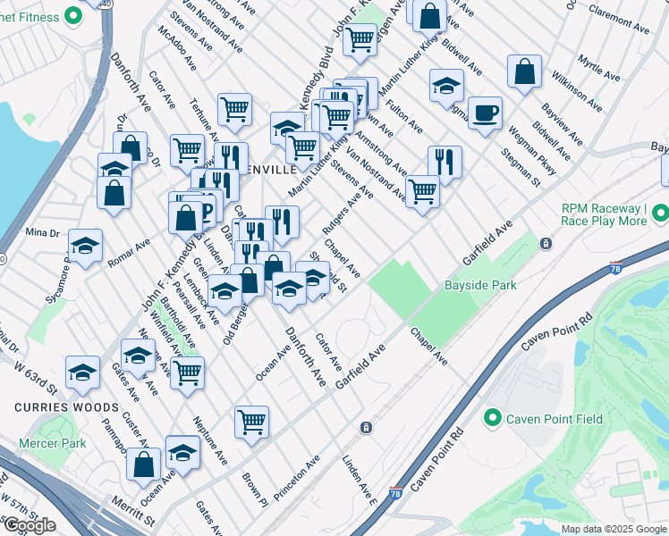 map of restaurants, bars, coffee shops, grocery stores, and more near 33 Sheffield Street in Jersey City