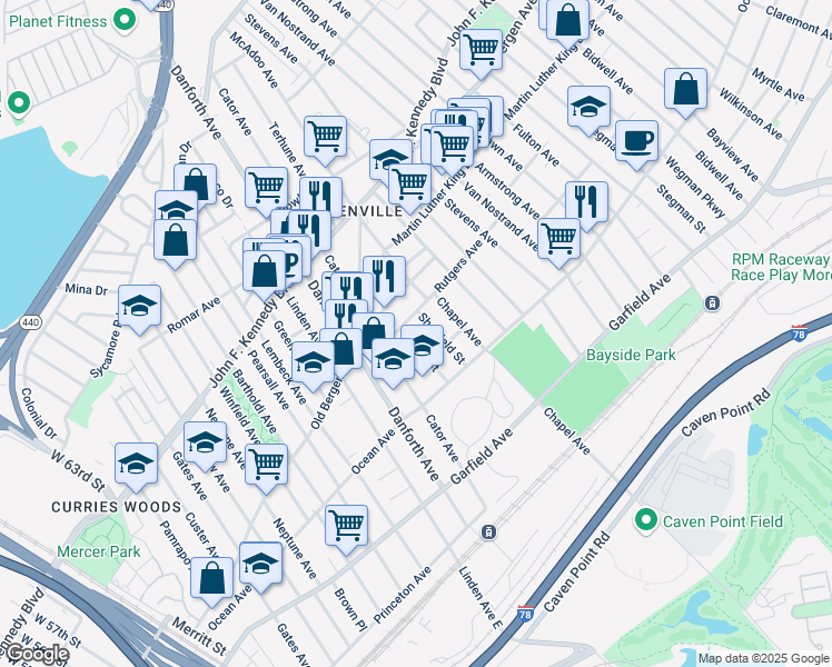map of restaurants, bars, coffee shops, grocery stores, and more near 33 Sheffield Street in Jersey City