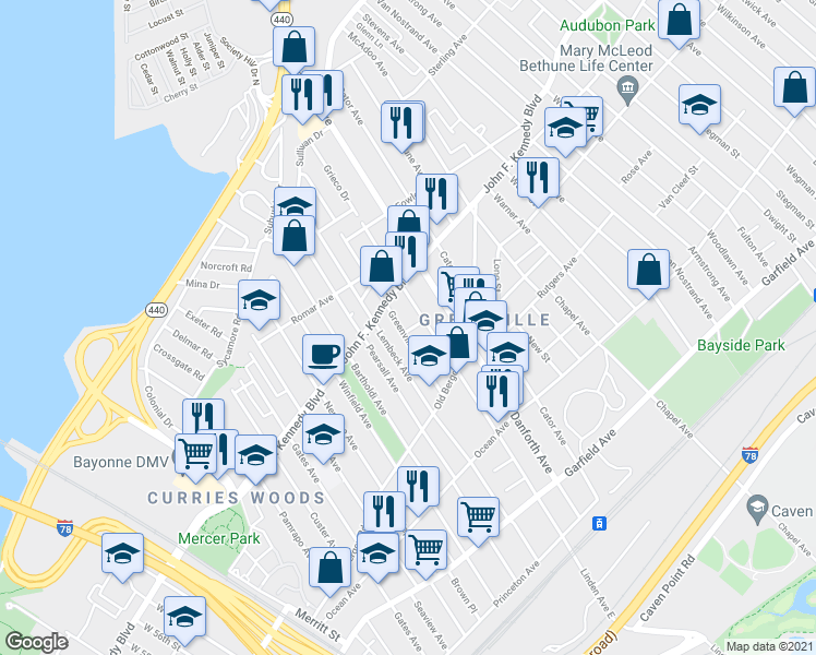 map of restaurants, bars, coffee shops, grocery stores, and more near 65 Greenville Avenue in Jersey City