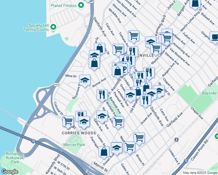 map of restaurants, bars, coffee shops, grocery stores, and more near 1657 John F. Kennedy Boulevard in Jersey City