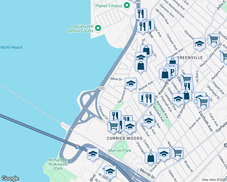 map of restaurants, bars, coffee shops, grocery stores, and more near 19 Exeter Road in Jersey City