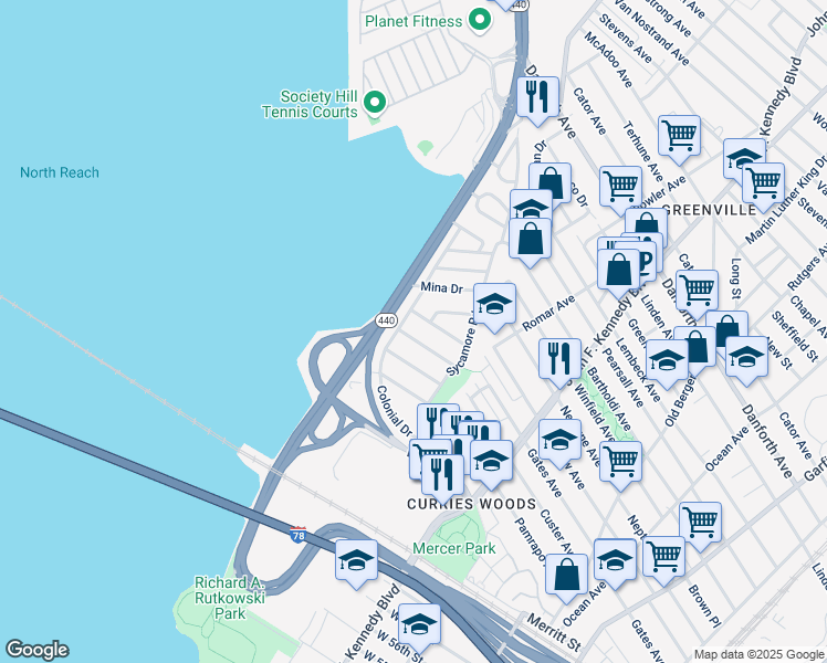 map of restaurants, bars, coffee shops, grocery stores, and more near 76 Country Village Road in Jersey City