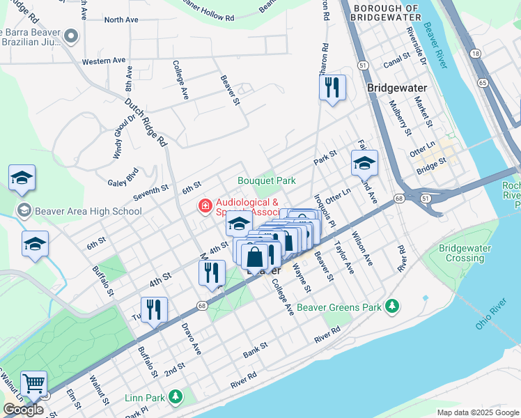 map of restaurants, bars, coffee shops, grocery stores, and more near 565 Canal Street in Beaver