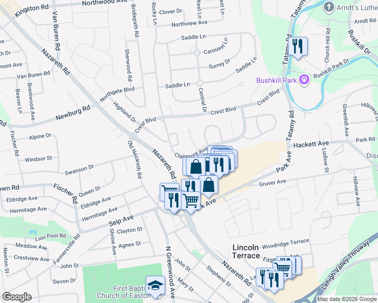 map of restaurants, bars, coffee shops, grocery stores, and more near 39 Clairmont Avenue in Easton