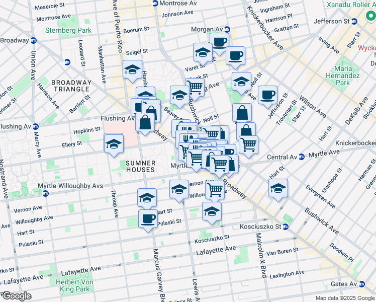 map of restaurants, bars, coffee shops, grocery stores, and more near 889 Broadway in Brooklyn