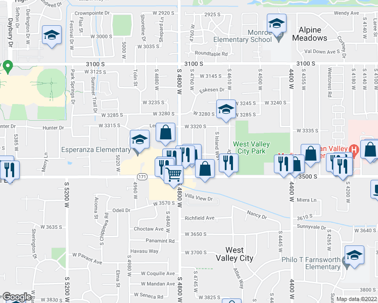 map of restaurants, bars, coffee shops, grocery stores, and more near 3430 South Greenmont Circle in West Valley City