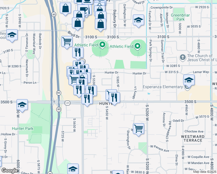 map of restaurants, bars, coffee shops, grocery stores, and more near 5460 Sunshade Cove in West Valley City