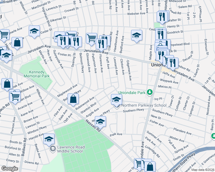 map of restaurants, bars, coffee shops, grocery stores, and more near 188 Robinwood Avenue in Hempstead