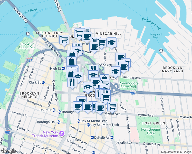 map of restaurants, bars, coffee shops, grocery stores, and more near 189 Bridge Street in Brooklyn