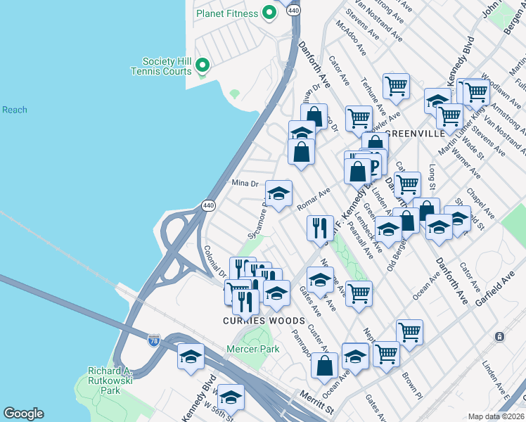 map of restaurants, bars, coffee shops, grocery stores, and more near 72 Sycamore Road in Jersey City