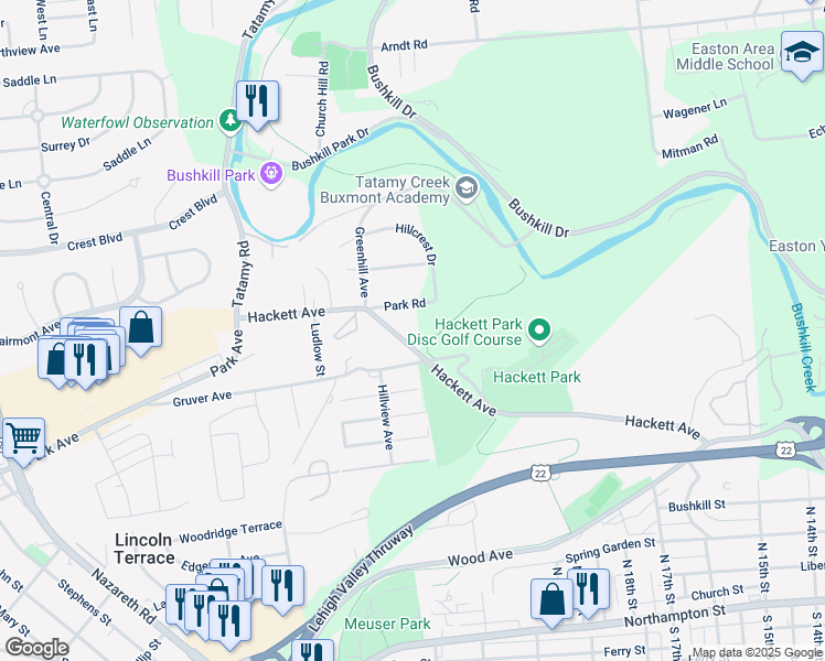 map of restaurants, bars, coffee shops, grocery stores, and more near 2025 Hackett Avenue in Easton