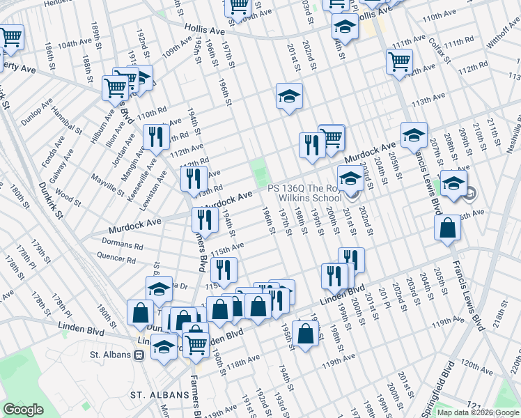 map of restaurants, bars, coffee shops, grocery stores, and more near 114-38 196th Street in Queens