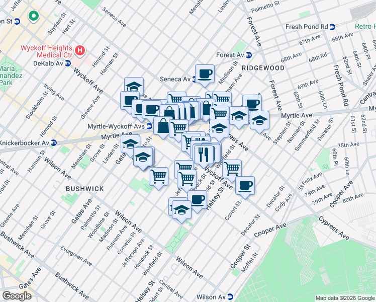 map of restaurants, bars, coffee shops, grocery stores, and more near in Queens