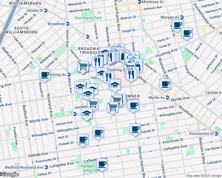 map of restaurants, bars, coffee shops, grocery stores, and more near Park Avenue & Throop Avenue in Brooklyn