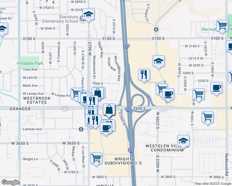 map of restaurants, bars, coffee shops, grocery stores, and more near 3410 Mockingbird Way in West Valley City