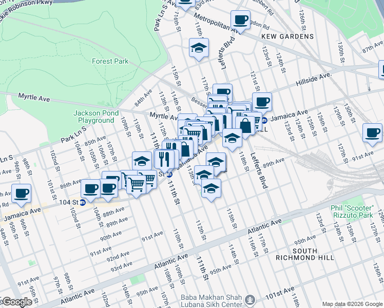 map of restaurants, bars, coffee shops, grocery stores, and more near 8711 114th Street in Queens