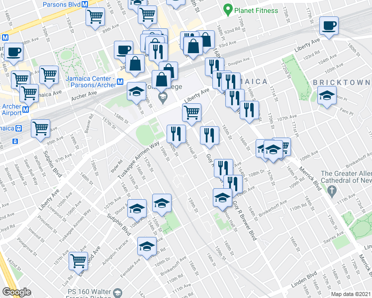 map of restaurants, bars, coffee shops, grocery stores, and more near 106-38 Union Hall Street in Queens