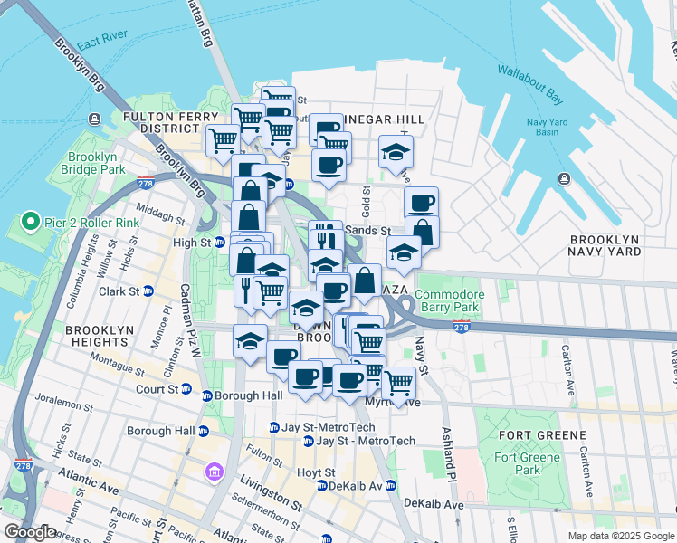 map of restaurants, bars, coffee shops, grocery stores, and more near 180 Nassau Street in Brooklyn