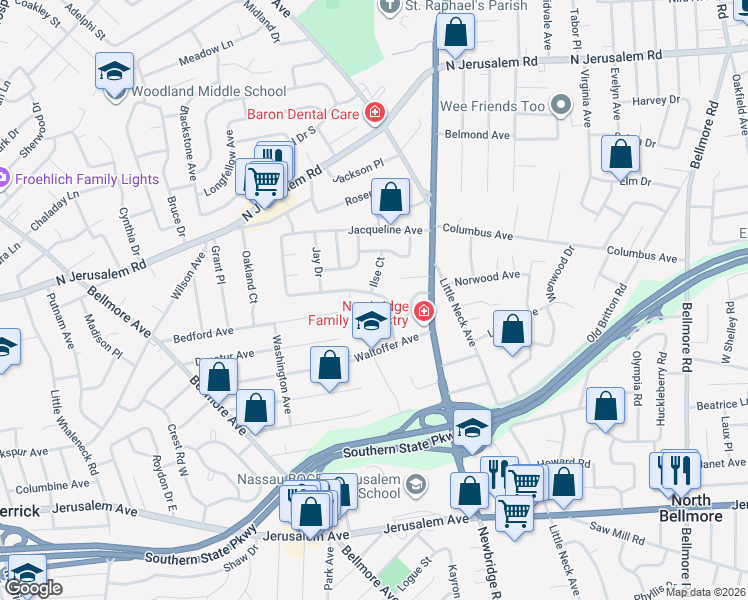 map of restaurants, bars, coffee shops, grocery stores, and more near 948 Leeds Drive in North Bellmore