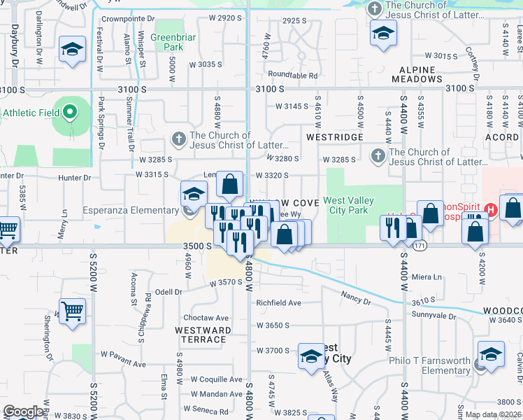 map of restaurants, bars, coffee shops, grocery stores, and more near 3410 South Greenmont Drive in West Valley City