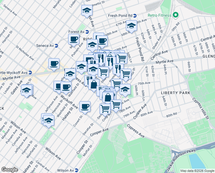 map of restaurants, bars, coffee shops, grocery stores, and more near 1056 Seneca Avenue in Queens
