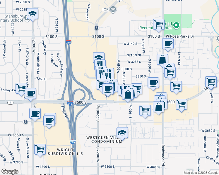 map of restaurants, bars, coffee shops, grocery stores, and more near 3441 2200 West in West Valley City