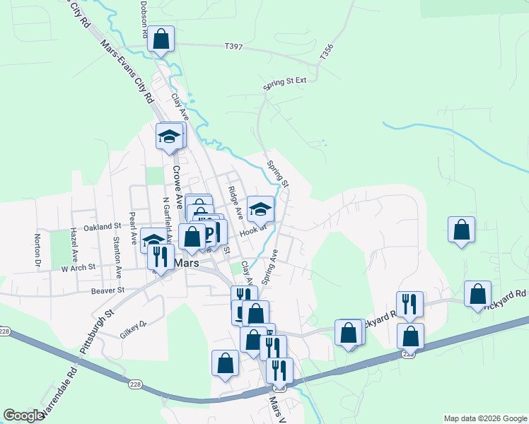 map of restaurants, bars, coffee shops, grocery stores, and more near 211A Huch Road in Mars