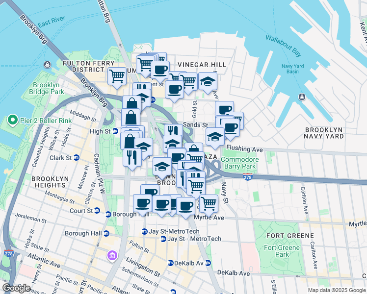 map of restaurants, bars, coffee shops, grocery stores, and more near 189 Bridge Street in Brooklyn
