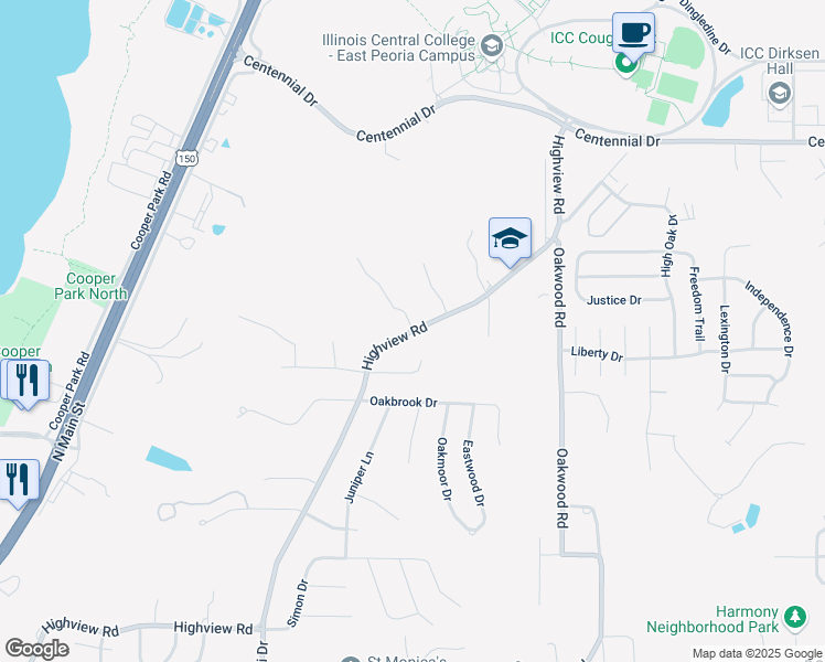 map of restaurants, bars, coffee shops, grocery stores, and more near 1660 Highview Road in East Peoria